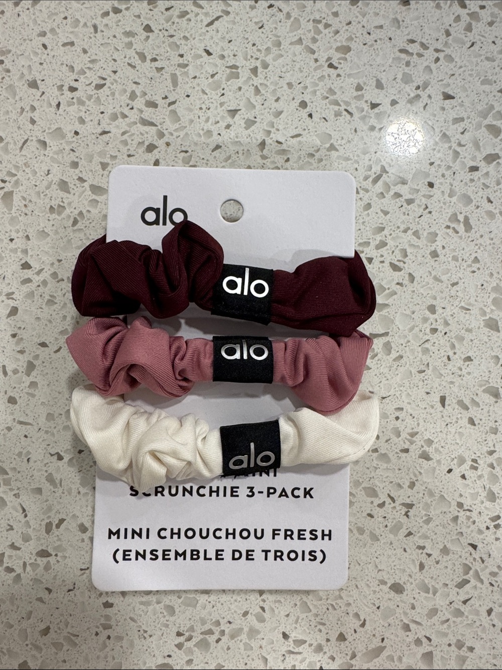 ALO Yoga Mini Scrunchie 3-Pack in Burgundy, Mauve, Cream
